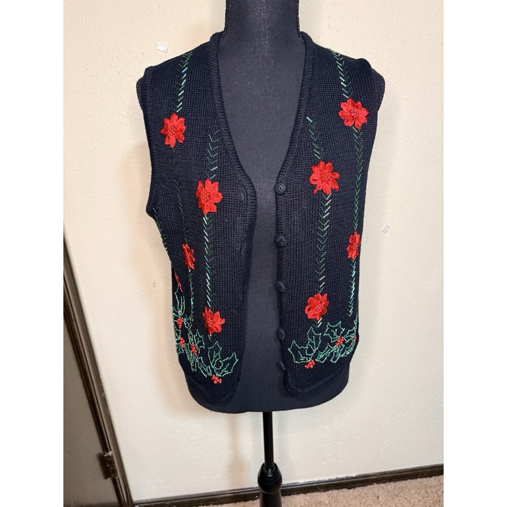 Lisa International Women's Cotton Ramie Blend Holiday Beaded Sweater Vest Size M